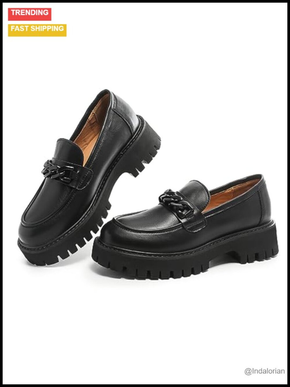 Platform Lug Sole Loafers Women Slip On Round Toe PU Leather Buckle Chain